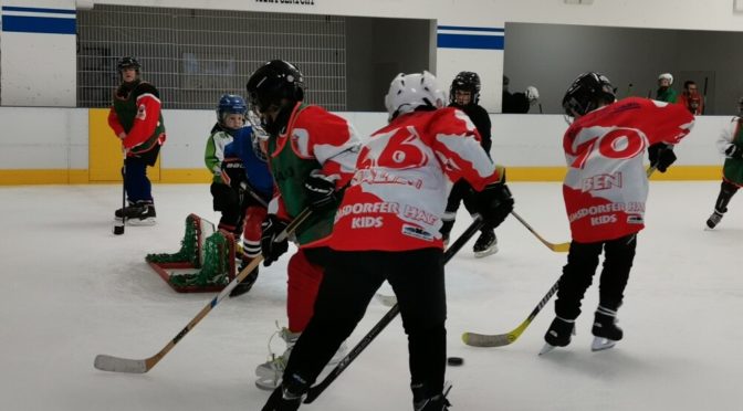 Auch der Haie-Nachwuchs der Laufschule übt schon das Eishockeyspielen